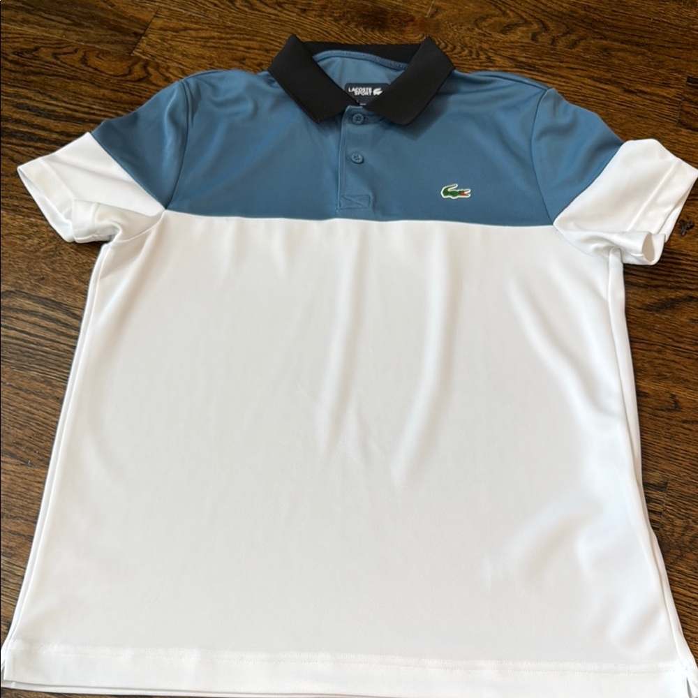 Lacoste Blue and White Polo Shirt with Color-Block Design
